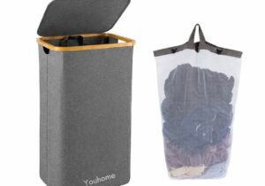 Cesto organizador para ropa sucia de la marca Youhome, confeccionado en tela gris con estructura de bambú.