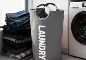 Canasto para ropa sucia plegable de tela gris