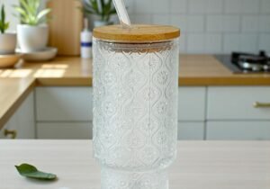 Vaso de vidrio labrado transparente con tapa de bambú y sorbete de vidrio.
